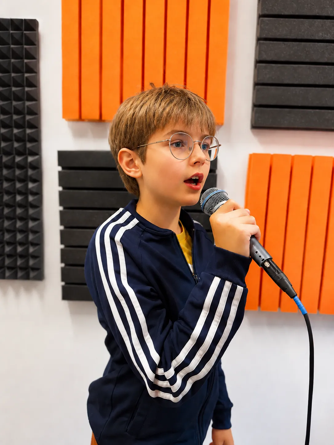 Chłopiec podczas lekcji śpiewu w Bieganowska Music Academy